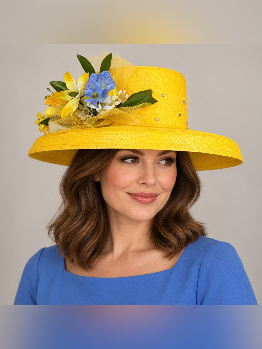 Bright Yellow Wide Brim Floral Church Derby Hat Rhinestone One Size
